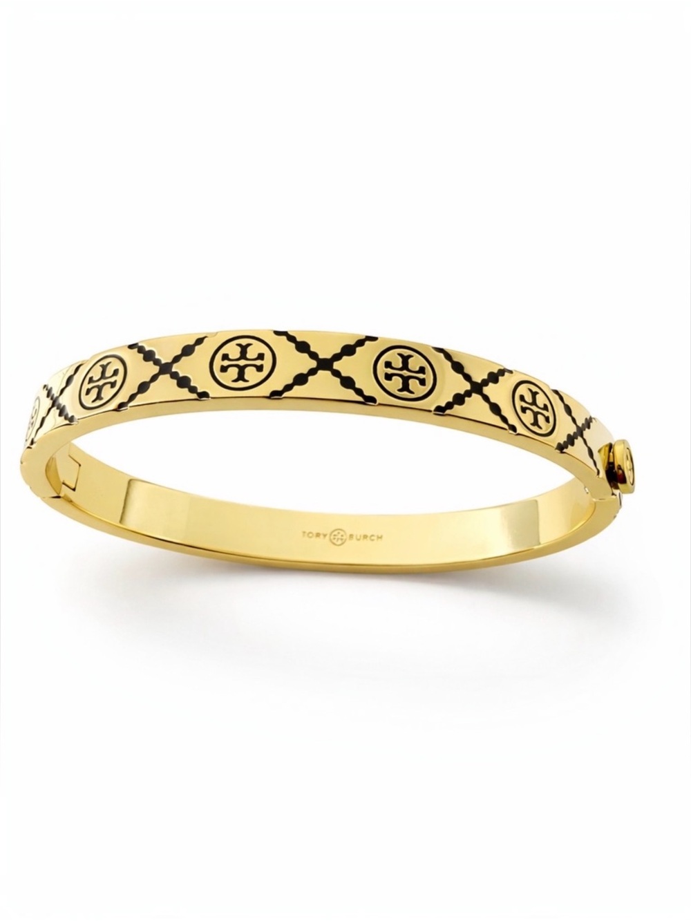 Tory Burch Monogram enamel miller stud hinge bracelet in black and gold tone.